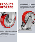 Heavy Duty Casters Set Of 4 Featuring Rock Solid 4 Inch Polyurethane On Steel Wheels Built Tough For 2000 Lb Loads dual swivel and locking brakes close-up of red polyurethane wheel with cast iron core.