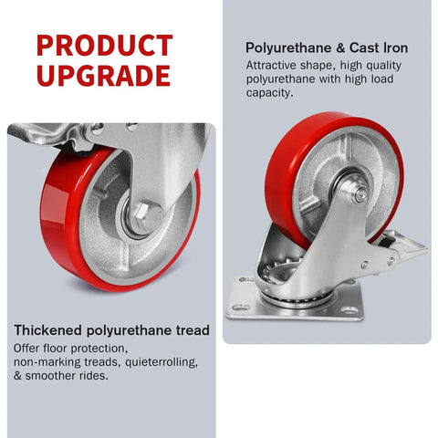 Heavy Duty Casters Set Of 4 Featuring Rock Solid 4 Inch Polyurethane On Steel Wheels Built Tough For 2000 Lb Loads dual swivel and locking brakes close-up of red polyurethane wheel with cast iron core.