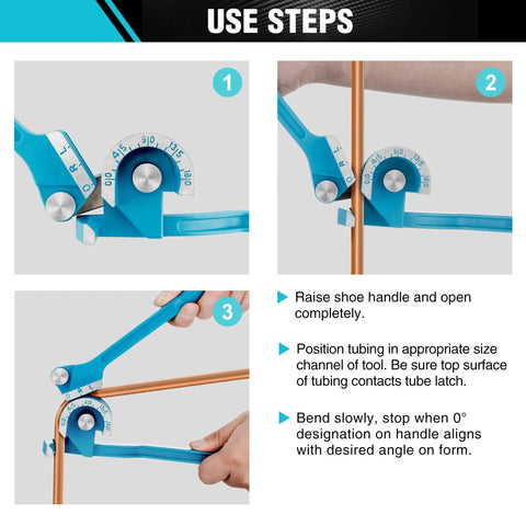 Duratech 180 Degree Tubing Bender 3 In 1 Pipe Bender Tool For Soft Copper Brass Aluminum Thin Steel showing use steps for accurate bends.