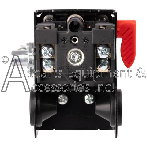 Front view of OEM Equivalent Four Port Pressure Switch 140 175 PSI Two Pole 120 240V for air compressors shown with visible terminals.