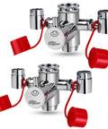 Two faucet mounted eyewash station kits with red caps and inspection tags, OSHA approved for emergency eyewash and first aid use.
