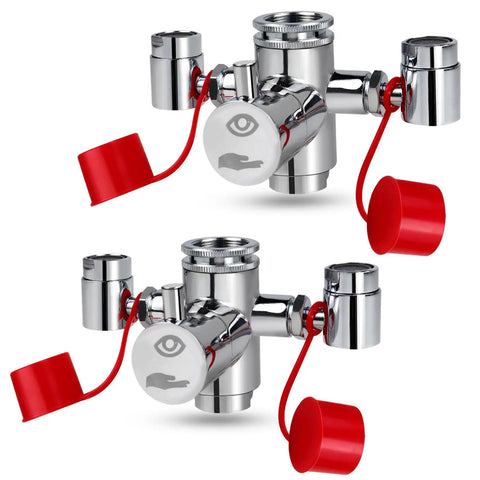 Two faucet mounted eyewash station kits with red caps and inspection tags, OSHA approved for emergency eyewash and first aid use.