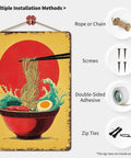 Funny Vintage Metal Sign Ramen Bowl With Waves And Sun 8x12 Inch Tin Wall Sign Poster showing bowl of ramen with sun background