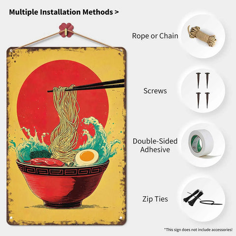 Funny Vintage Metal Sign Ramen Bowl With Waves And Sun 8x12 Inch Tin Wall Sign Poster showing bowl of ramen with sun background