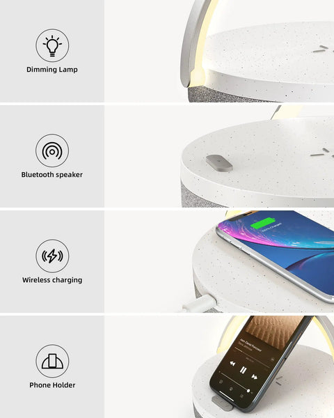 Close-up of 4 In 1 Bedside Lamp With Bluetooth Speaker Dimmable Night Light Charging Station And Phone Holder features