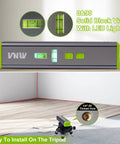 Multipurpose Laser Level With 15 Feet Cross Line And Magnetic Ninety And One Hundred Eighty Degree Bubbles Torpedo Level For Hanging Pictures And Wall Decor DIY Home Renovation Portable And Accurate For Quick Precise Alignment, shown with LED vials and tripod installation options.