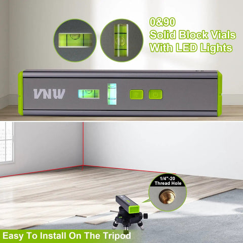 Multipurpose Laser Level With 15 Feet Cross Line And Magnetic Ninety And One Hundred Eighty Degree Bubbles Torpedo Level For Hanging Pictures And Wall Decor DIY Home Renovation Portable And Accurate For Quick Precise Alignment, shown with LED vials and tripod installation options.