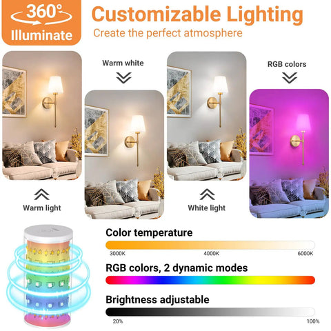 Peel And Stick Wireless Wall Sconces Set Of Two Battery Operated LED Lights With 10000mAh Battery in various lighting modes.