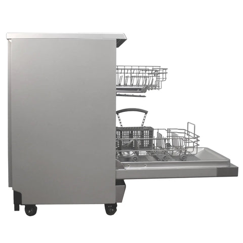 Sick 18 Inch Portable Dishwasher With Energy Star Certified Savings And Genuine Stainless Steel Interior Featuring Six Heavy Duty Wash Cycles Plus Smooth Delay Timer Setup For Your Home side view with racks and open door.
