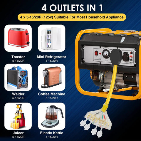 Generator with 50 Amp To 20 Amp RV Power Adapter NEMA 14 50P To Four 5 20R Receptacles used for appliances
