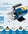 Portable Electric Water Transfer Pump 115V 1/10HP Delivers 330GPH with metal shell and chrome-plated fittings, showing outlet and hose components.