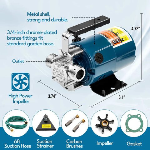 Portable Electric Water Transfer Pump 115V 1/10HP Delivers 330GPH with metal shell and chrome-plated fittings, showing outlet and hose components.