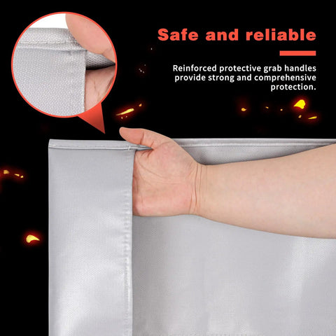 Person holding Emergency Fireproof Hooded Cloak For Quick Fire Escape, Life Saver Silver Silicone Coated Fiberglass Fire Blanket showing reinforced handles.