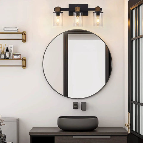 Rustic Farmhouse Vanity Lights With Hand Polished Wood And Black Metal Clear Glass Shade 3 Light Wall Sconce For Bathroom Over Mirror Cozy Vibe For Bedroom Living Room Hallway