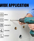 Front view of teal cordless drill with a masonry bit drilling into tiled wall; left shows brick, marble, concrete, ceramic, cement icons