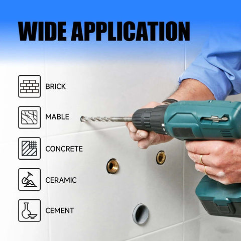 Front view of teal cordless drill with a masonry bit drilling into tiled wall; left shows brick, marble, concrete, ceramic, cement icons