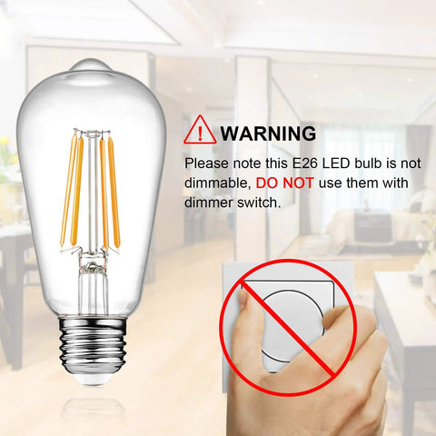 Vintage LED Edison Filament Bulbs 6W 60W Equivalent Non Dimmable Warm White 2700K ST58 Clear Glass E26 Base warning note