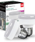 Ultra Slim Dimmable LED Puck Light With E26 Base 11W 800 Lumens 4000K Cool White Flat Low Profile Design Shatterproof Housing 120V UL Listed 2 Pack For Cabinets And Under Cabinet Lighting Easy Install next to packaging box