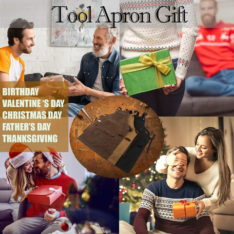 Kickass Heavy Duty Waxed Canvas Woodworking Apron For Men Featuring Boss Level Pocket Layout displayed with gift ideas.
