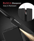 Close-up of No Fuss All In One 21 Piece Kitchen Knife Set with Block and Built In Sharpener, showing sharpening feature in use