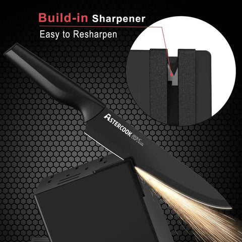 Close-up of No Fuss All In One 21 Piece Kitchen Knife Set with Block and Built In Sharpener, showing sharpening feature in use