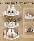 Super Sturdy Premium Three Tier Corner Shower Caddy With Slick 360 Spin Lazy Susan Tray And No Fuss Wall Mount for storing bottles in corner.