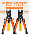 3 In 1 Angled Air Line Removal Pliers For Quick Release Of Push To Connect Pneumatic Fittings One Quarter To One Half Inch Your Go-To Tool For Auto Shop And DIY Air Hose Work., heat-treated carbon steel pliers shown for 1/4 to 1/2 inch air hose connectors