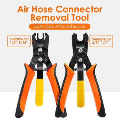 3 In 1 Angled Air Line Removal Pliers For Quick Release Of Push To Connect Pneumatic Fittings One Quarter To One Half Inch Your Go-To Tool For Auto Shop And DIY Air Hose Work., heat-treated carbon steel pliers shown for 1/4 to 1/2 inch air hose connectors