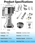 Powerhouse 1800W High Speed Grain Mill Grinder with accessories, 550g stainless steel dry grinder, product specifications