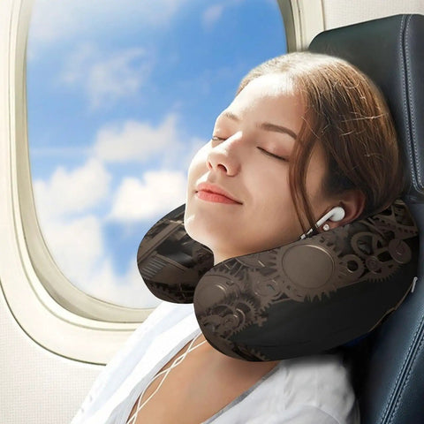 Woman using Steampunk Gear Travel Pillow U Shaped Neck Pillow For Office And Flight Comfort And Head Support