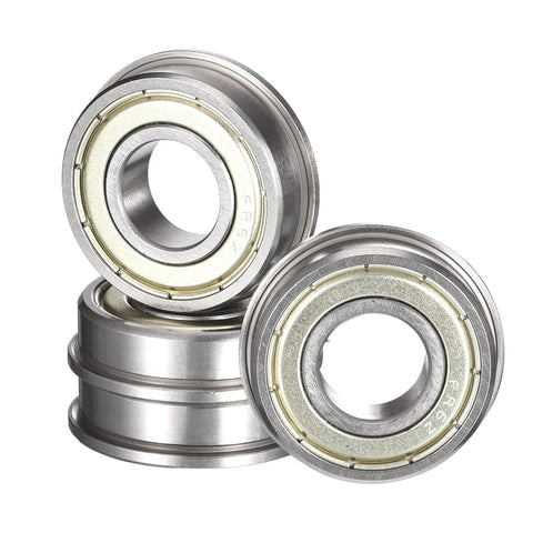 Front view of four HiPicco FR6ZZ flanged ball bearings, 3/8 in ID x 7/8 in OD x 9/32 in width, double shield chrome steel.