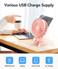 USB Desk Fan With CVT Variable Speeds, portable mini fan on desk by laptop, showing USB power options