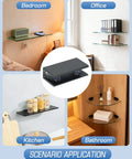 Professional Grade Glass Shelf Brackets Black Zinc Alloy Wall Mount Supports For 6 To 10mm Panels Kickass Quality Built Like A Tank Heavy Duty Hardware Kit 4 Pack displayed in bedroom, office, kitchen, and bathroom settings.