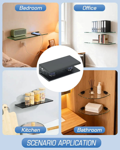 Professional Grade Glass Shelf Brackets Black Zinc Alloy Wall Mount Supports For 6 To 10mm Panels Kickass Quality Built Like A Tank Heavy Duty Hardware Kit 4 Pack displayed in bedroom, office, kitchen, and bathroom settings.