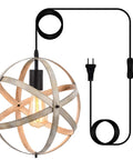 Industrial Spherical Pendant Light With Changeable Cage Design Plug In 15 Ft Cord And On Off Switch Vintage Metal Fixture Wood Finish