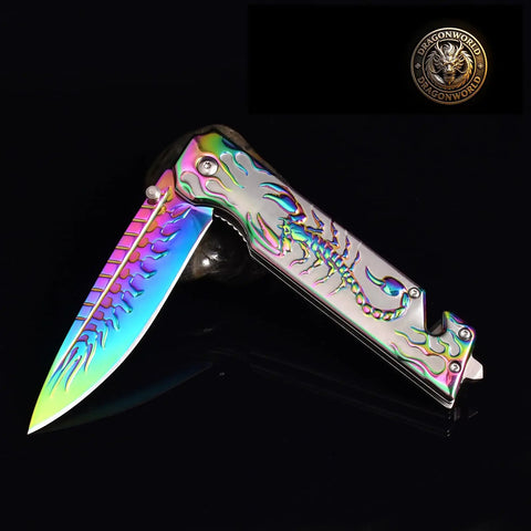 Folding Pocket Knife With 3D Titanium Plated Scorpion Handle Dope Rainbow Finish 3.6 Inch Razor Sharp Blade In 440 Stainless Steel
