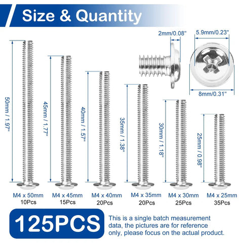 Size guide for 125Pcs Cabinet Screws And Drawer Knobs Kit With M4 Machine Screws Assortment, Pan Washer Head Pro Grade Hardware, M4x25 30 35 40 45 50mm.