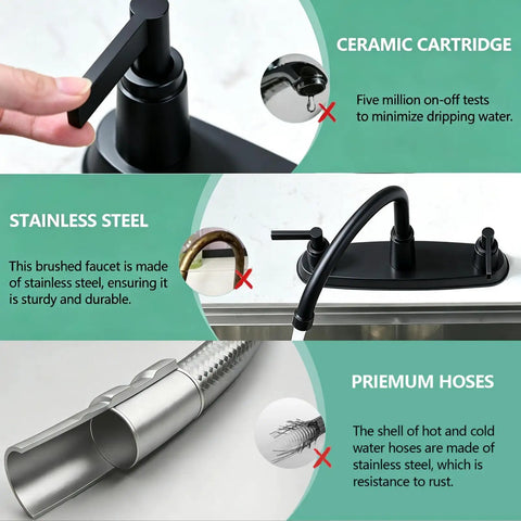 Two Handle Kitchen Sink Faucet With Side Sprayer And High Arc 360 Degree Swivel Dope Matte Black Stainless Steel Finish Fits 3 Or 4 Hole Installations, featuring ceramic cartridge and stainless steel build.