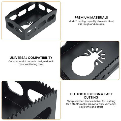 Black stainless steel drywall outlet cutter with square slot for single-gang boxes; fits most oscillating tools.