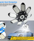 Ultra Bright 200W LED Garage Light With 8 Adjustable Panels illuminating a car with heat dissipation feature shown.