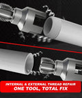 Two Piece Pipe Threading Tool Kit For Water Pipes With Half Inch And Three Quarter Inch Internal And External Threaders Alloy Steel Construction Drill Compatible Grab And Go DIY Plumbing Solution For Home And Pro Projects showcasing internal and external threading on pipes