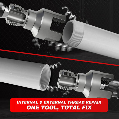 Two Piece Pipe Threading Tool Kit For Water Pipes With Half Inch And Three Quarter Inch Internal And External Threaders Alloy Steel Construction Drill Compatible Grab And Go DIY Plumbing Solution For Home And Pro Projects showcasing internal and external threading on pipes