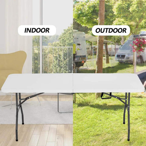 Six Foot Foldable Outdoor Camping Table Plastic White Square For Picnics Parties And Quick Setups Portable with Steel Legs