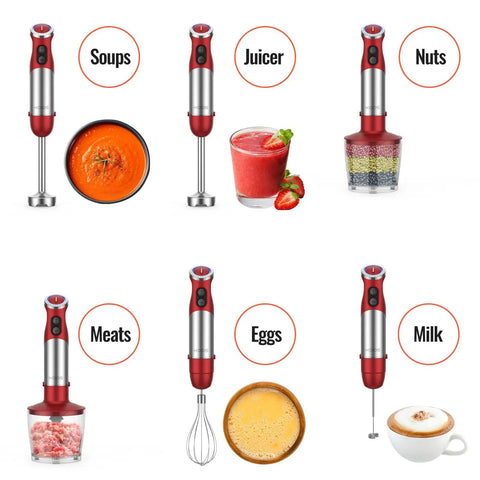 5-In-1 Hand Immersion Blender 1000W Copper Motor, 12 Speed Handheld Stick Blender with Stainless Steel Blade shown with various foods
