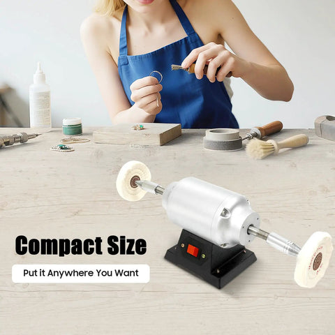 Slick Heavy Duty Workhorse Small Bench Buffing Grinder And Polishing Lathe Machine For Dental Lab With High Speed 3000Rpm Motor And Built In Lamp Plus Quiet Vacuum Extraction Pipe 110V 60Hz on a workspace with jewelry tools.