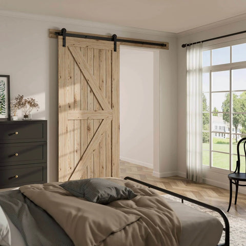 5.5Ft Single Sliding Barn Door Hardware Kit In Black Carbon Steel With Flat Track System for Closet, installed in bedroom