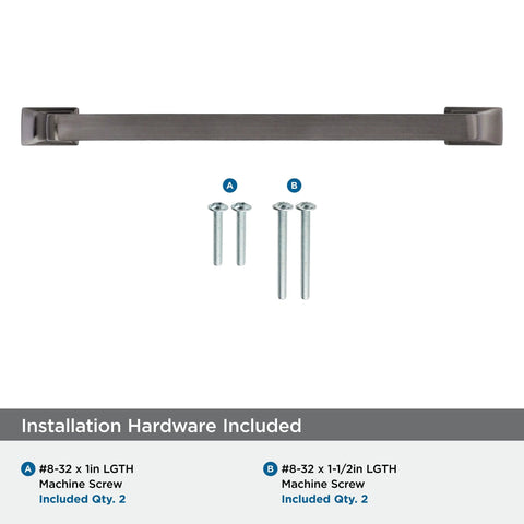 Westerly Graphite Cabinet Pull 6-5/16 Inch Center-To-Center, installation hardware included, shown with screws, durable finish