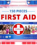 TLIEAO pink mini first aid kit case with blue latches and handle, labeled 150 PIECES