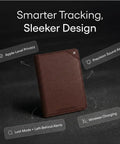 Straight Up The No Sweat Apple Find My Compatible Passport Holder With Built In Tracking And Mfi Certification Featuring Heavy Duty Rfid Shielding Plus A Three Year Rechargeable Battery For Super Smooth Trips In Brown shown from front with features highlighted.