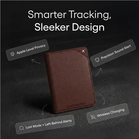 Straight Up The No Sweat Apple Find My Compatible Passport Holder With Built In Tracking And Mfi Certification Featuring Heavy Duty Rfid Shielding Plus A Three Year Rechargeable Battery For Super Smooth Trips In Brown shown from front with features highlighted.